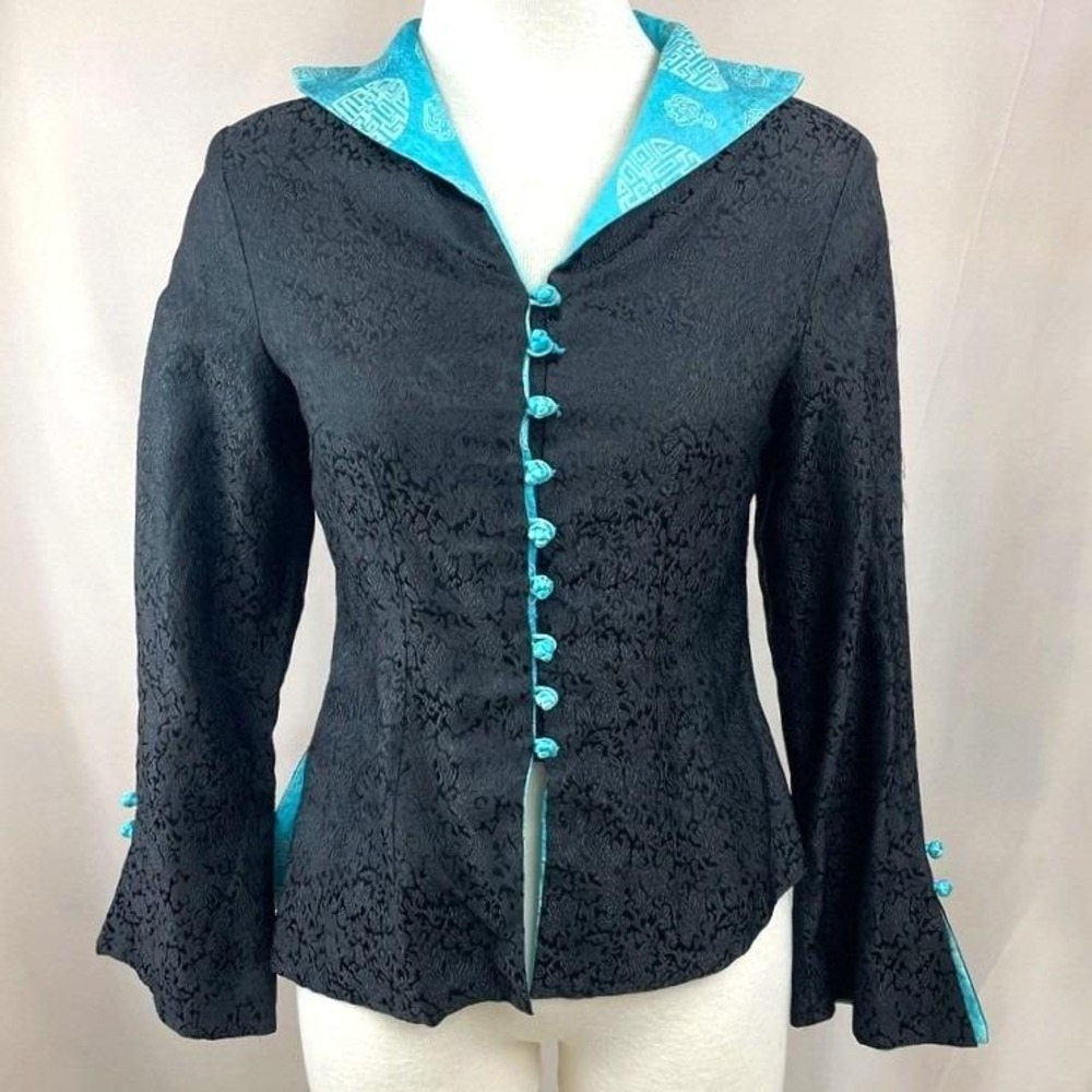 Vintage GRACE CHUANG Silk Brocade Jacket|M|Black Turquoise Frog Knot Bell Sleeve